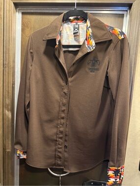 TBB Women's Brown Button-Down Shirt with Patterned Trim
